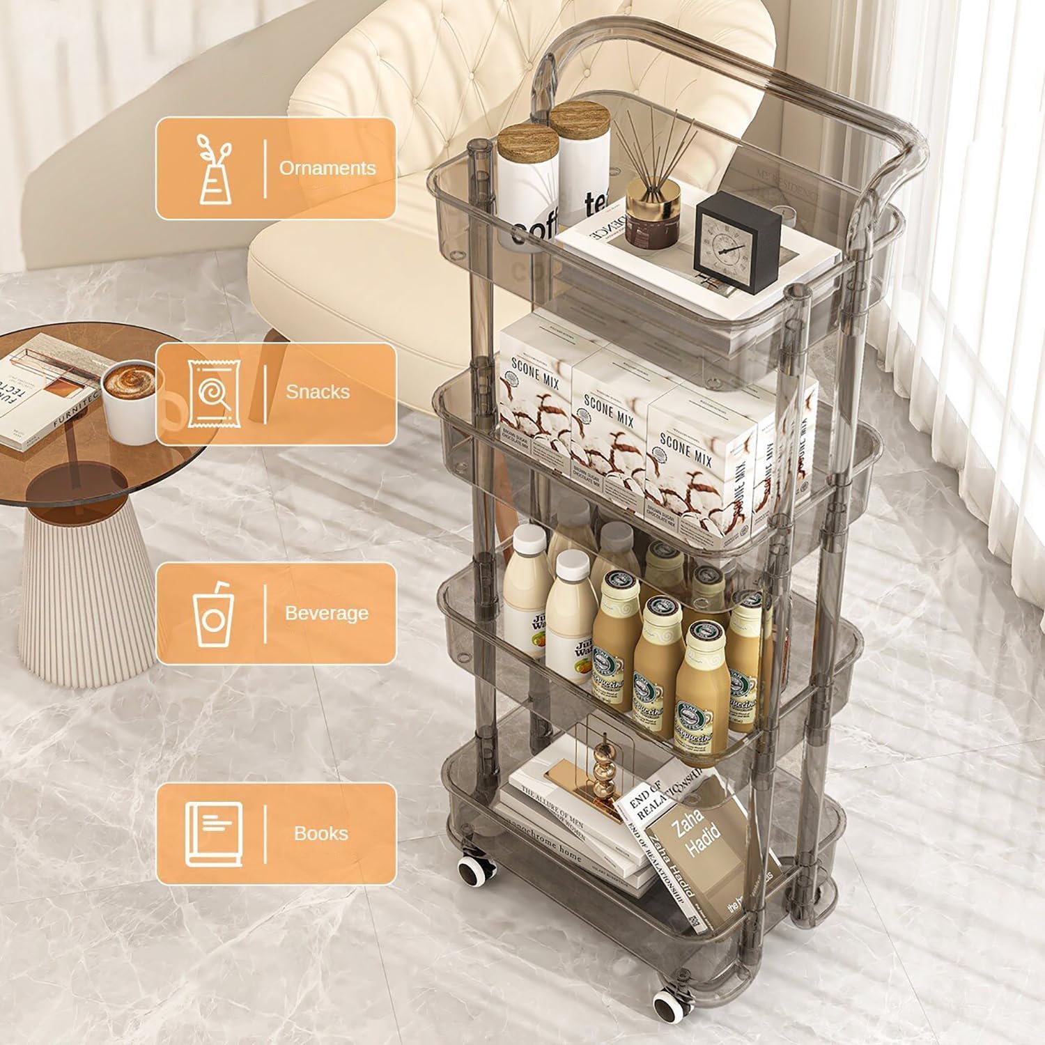 KLIZNIL Transparent 4 Layer Trolly, Acrylic Trolley Organizer, Modern Trolley Racks, Bathroom Stand Rack, Vegetable Rack Fruit Storage Rack, Multipurpose Acrylic Space Saver Storage Trolley 2