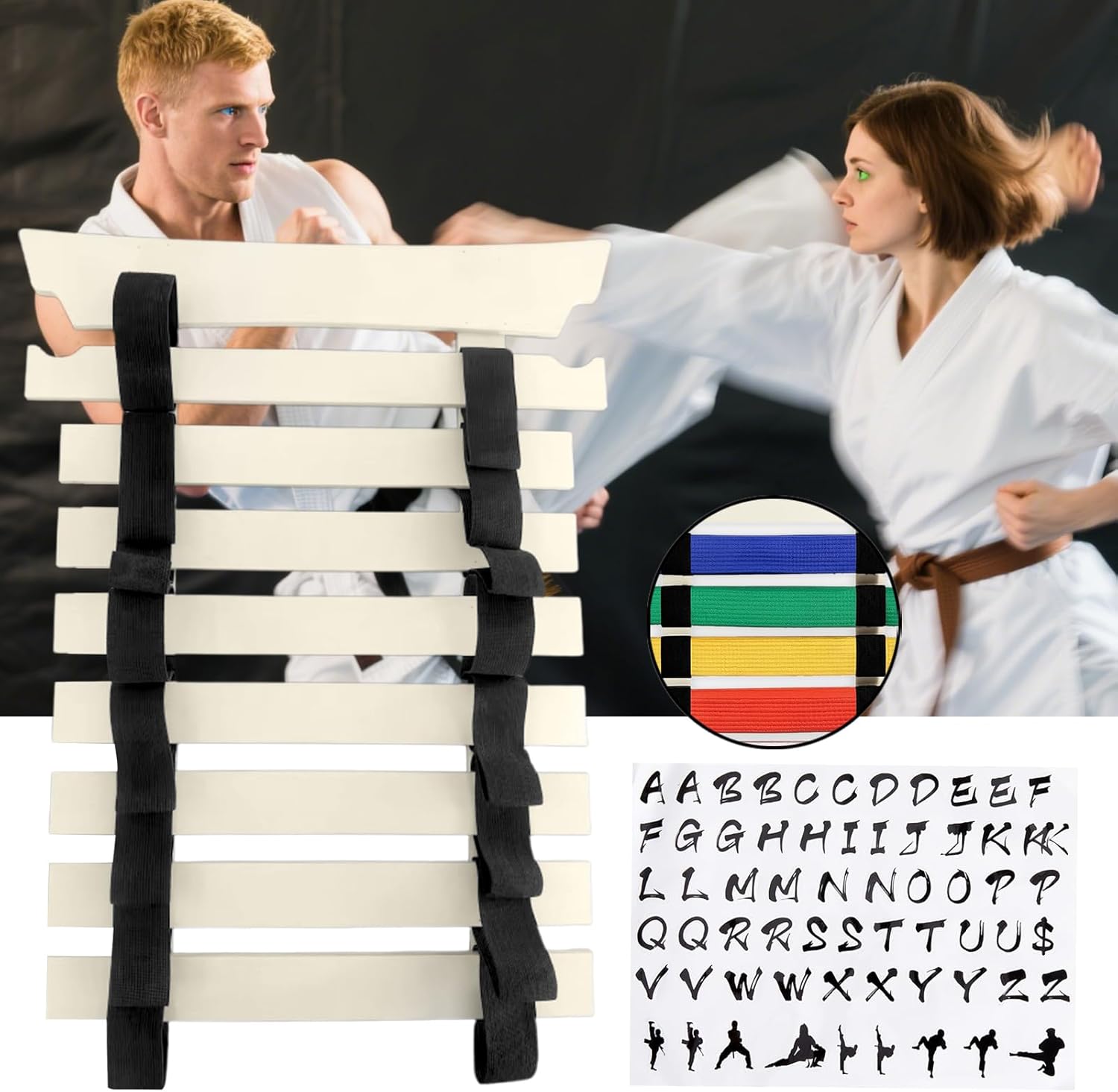Genérico Karate Belt Holder Organizer with Hook and Stickers Storage Sports Equipment Kids Adults Teens