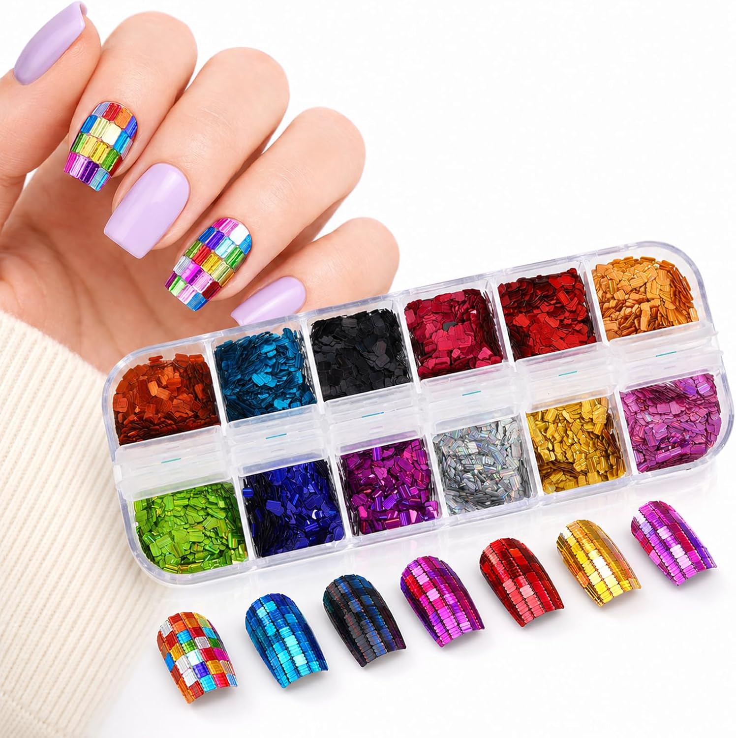 Holographic Square Nail Sequins, 12 Colors Sparkly 3D Glitter Flakes