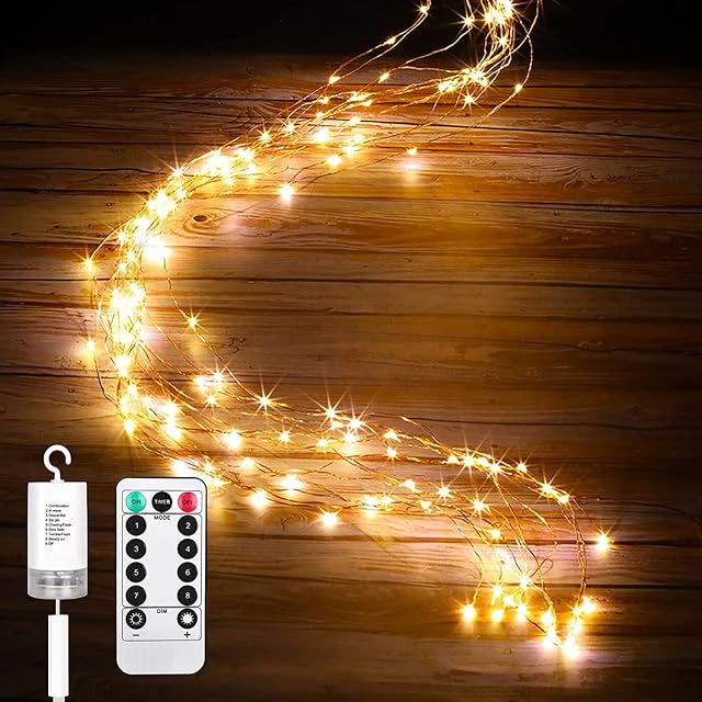 HCYW Waterproof Twinkle Starry Lights, 10 Strands 100 LEDs 1M Hanging Vine Tree Lights Battery Operated Waterfall Vine Branch Lights Flash Starry Lights with 8 Modes Remote Timer, Warm White