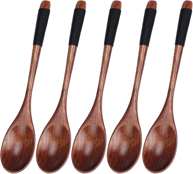 TsunNee 8.86inch Wooden Spoon, Long Handle Janpanese Style Wood Spoon with Black Rope, Table Mixing Cooking Spoon for Kitchen Dinner Lunch Tableware, 5-Pack