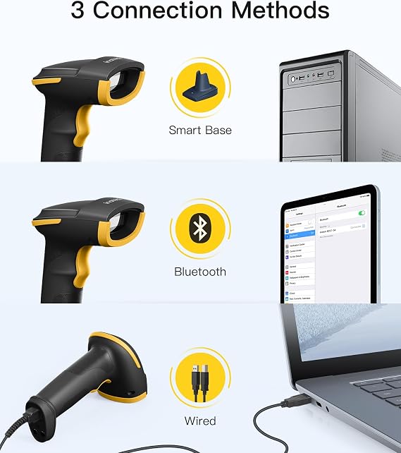 Inateck 2D Barcode Scanner Bluetooth, Barcode Reader with 2.4Ghz Smart Base, Screen Scanning, BCST-54 Black (Pack of 2)
