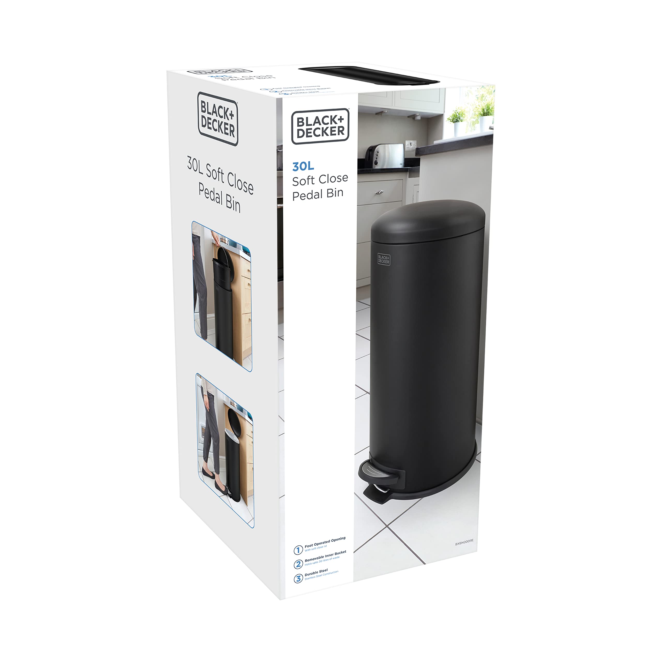 BLACK+DECKER Tretmülleimer 30L Matt Schwarz Slimline | Gewölbter Deckel | Sanft Schließender | Herausnehmbarer Inneneimer mit Tragegriff | Fingerabdruckfrei | Fußpedal