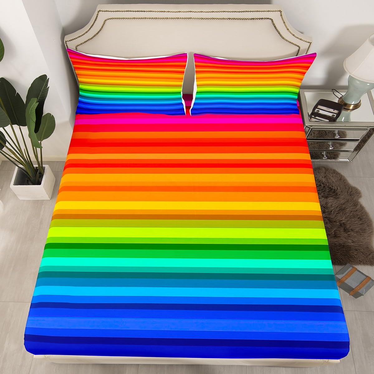 Feelyou Rainbow Stripes Bed Sheets Set Gradient Colorful Rainbow Sheet Set for Kids Boys Girls Multi-Color Sheets with Deep Pocket Fitted Sheet Geometric Strips Bedding Set 3Pcs Twin Size