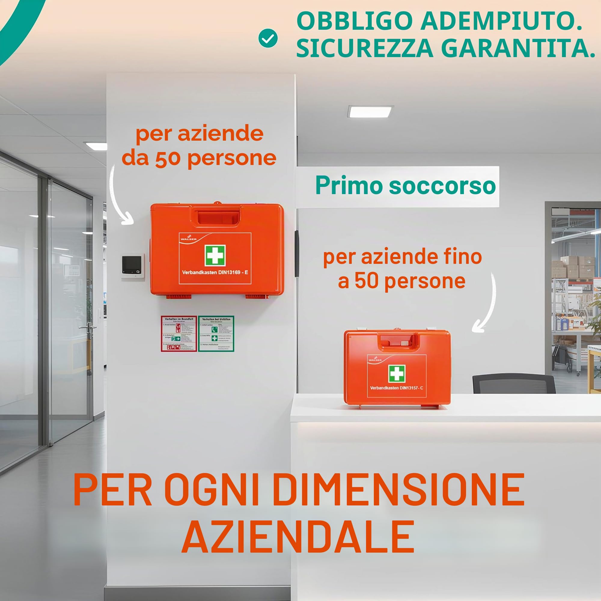 WALSER cassetta di pronto soccorso conforme alla norma DIN 13157:2021, cassetta aziendale, kit sanitario da 84 pezzi