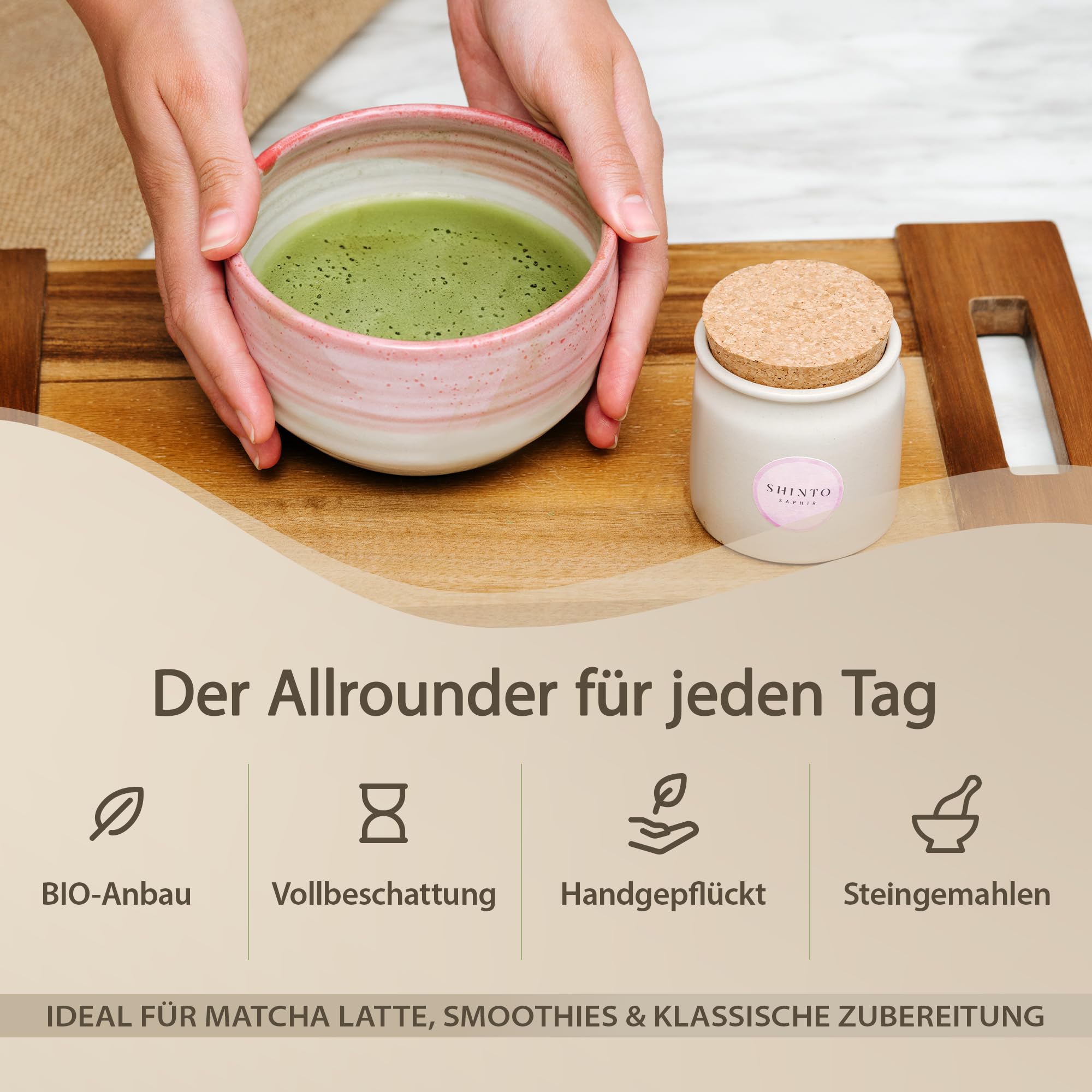 Shinto - Bio Matcha Pulver "Saphir" - angenehm spürbares Umami - Ceremonial Matcha Tee beschattet & handgepflückt - florales Aroma mit feiner Frische - Direktimport aus Uji Japan - 30g Tongefäß