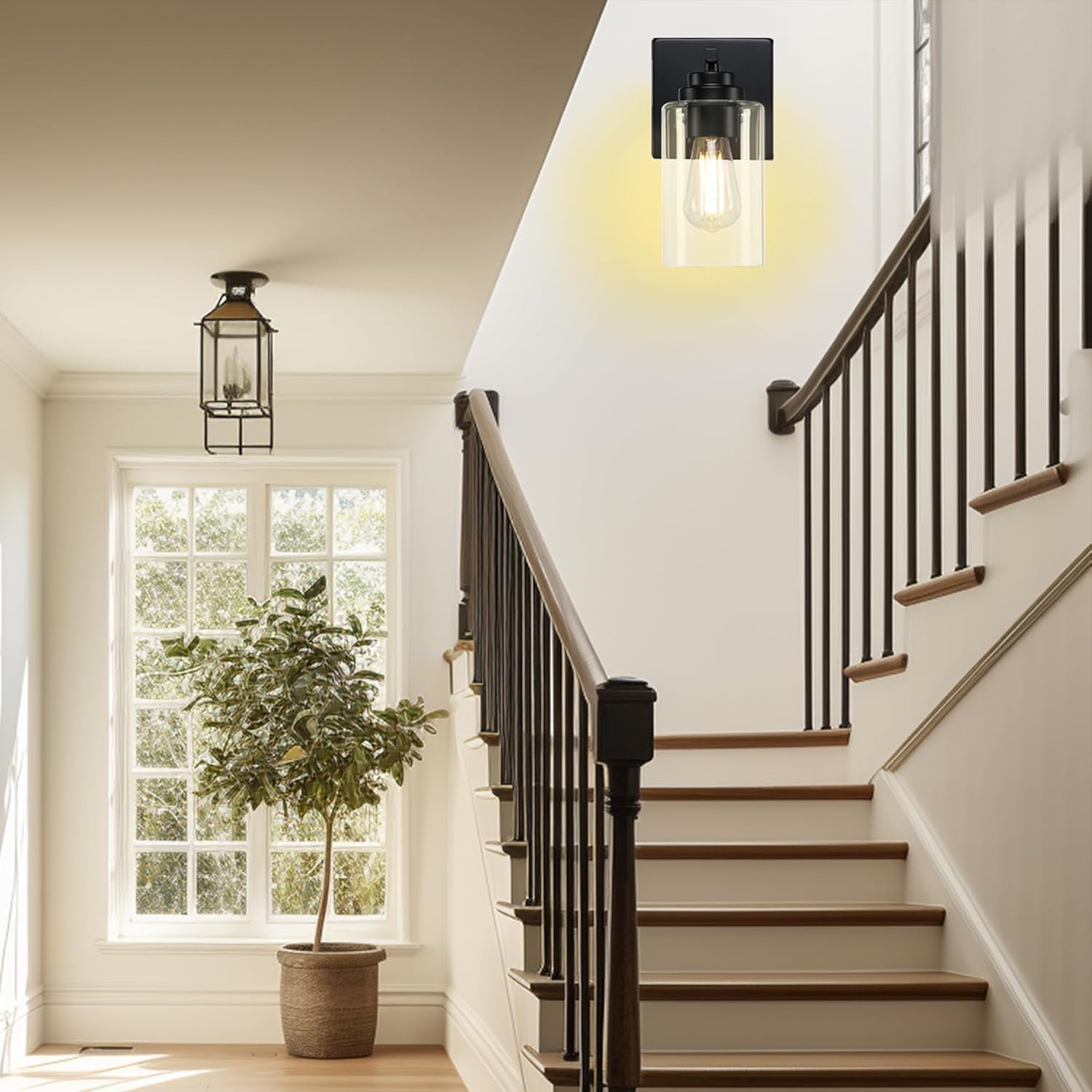 Wall Sconces Set of Two, Wall Mounted Bedside Lamps with Rotary Switch, Matte Black Sconces Wall Lighting, Bathroom Light Fixtures with Clear Glass Shade, Wall Lights for Bedroom Living Room