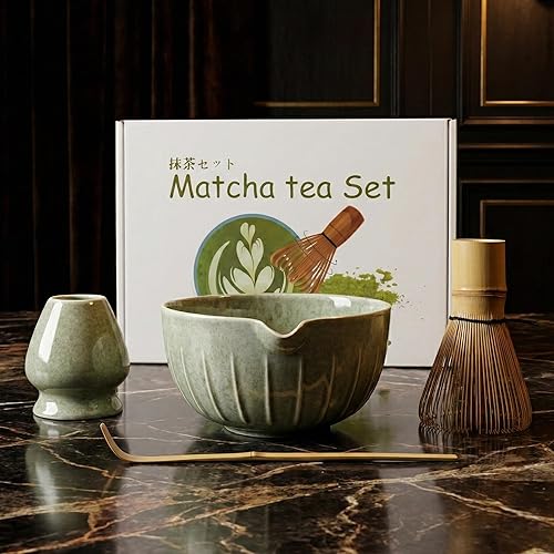 Juego de té matcha: juego de regalo, cuenco a juego (17 onzas), batidor Matcha con soporte, boquilla, juego de 4 piezas, el mejor regalo, ceremonia