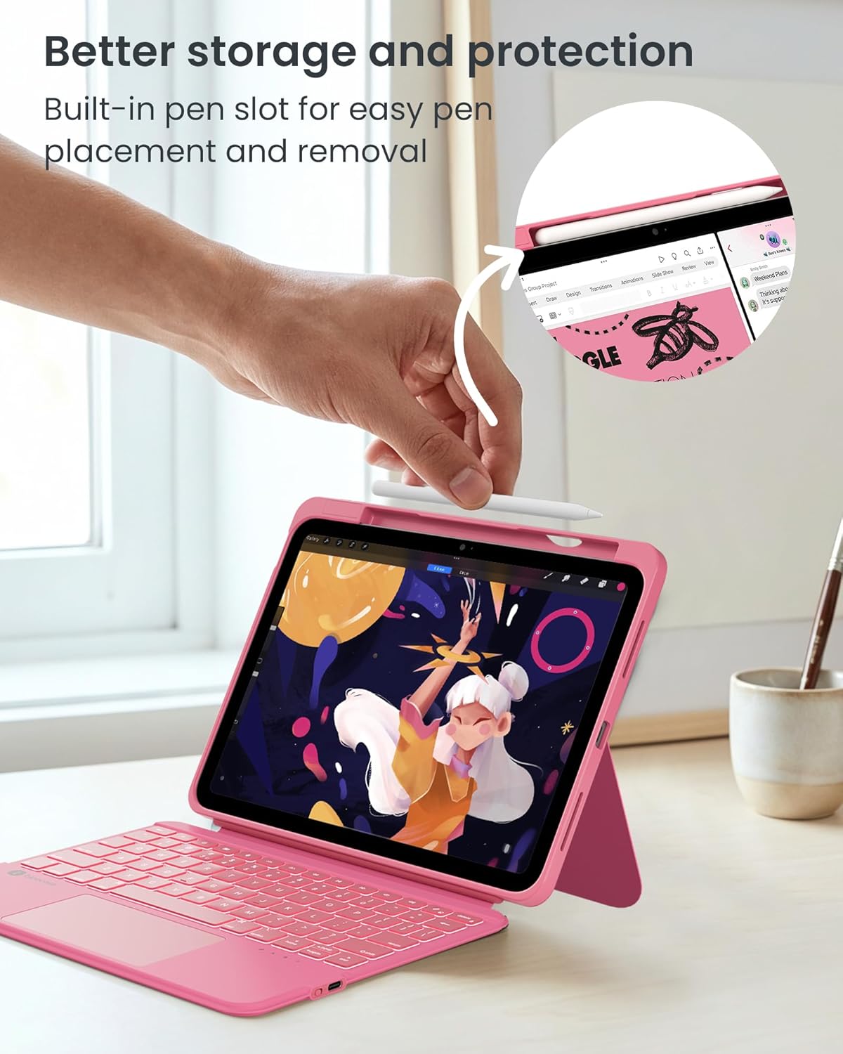 typecase for iPad A16 11th / 10th Gen Keyboard Case - Folio Duo Magnetic Detachable Keyboard with Multi-Touch Trackpad & 7-Color Backlit, Portrait Landscape Modes with Pencil Holder, Pink