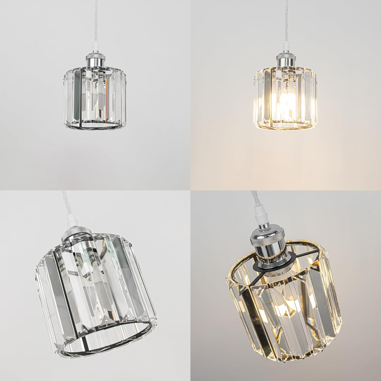 Kiven J-Type Track Lighting Pendants, 3-Light J Track Pendant Lights with Crystal Lampshade,Dimmable J Track Light Pedant for Kitchen Island Home Cafe, Cord Length Customization,Chrome Finish Socket