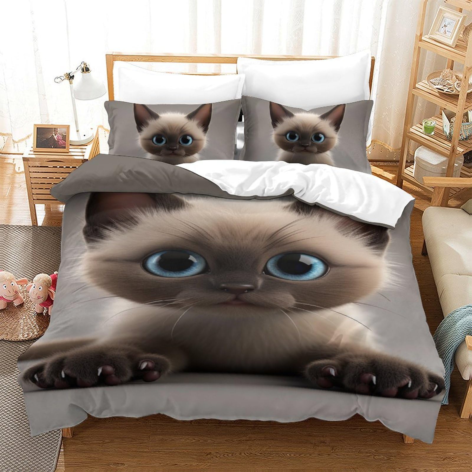 Parure de lit microfibre douce à fermeture éclair lit simple 140x200 motif chat