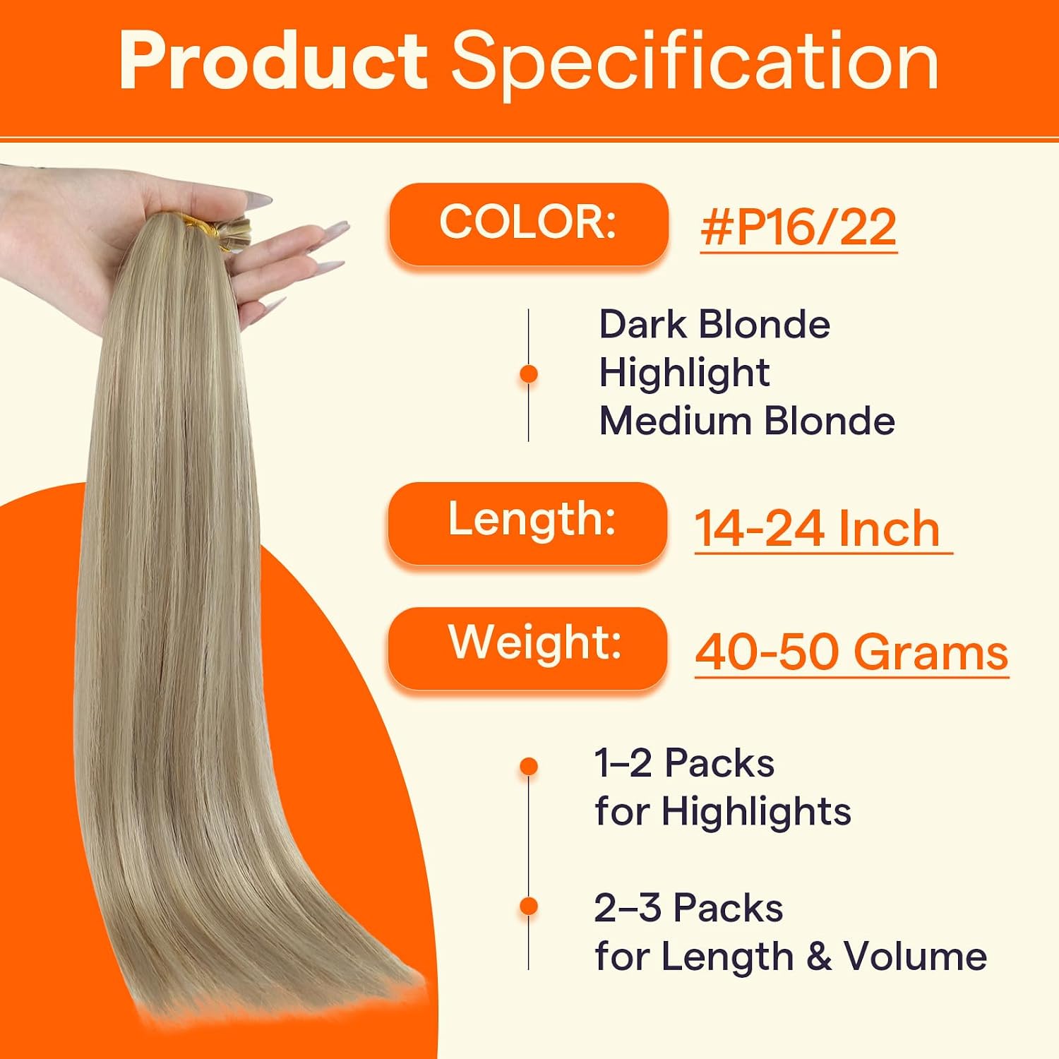 Full Shine U Tip Hair Extensions Human Hair Color 16P22 Blonde Highlighted Keratin Bond Human Hair Extensions 18 Inch Natural Remy Hair Fusion Extensions 50 Grams