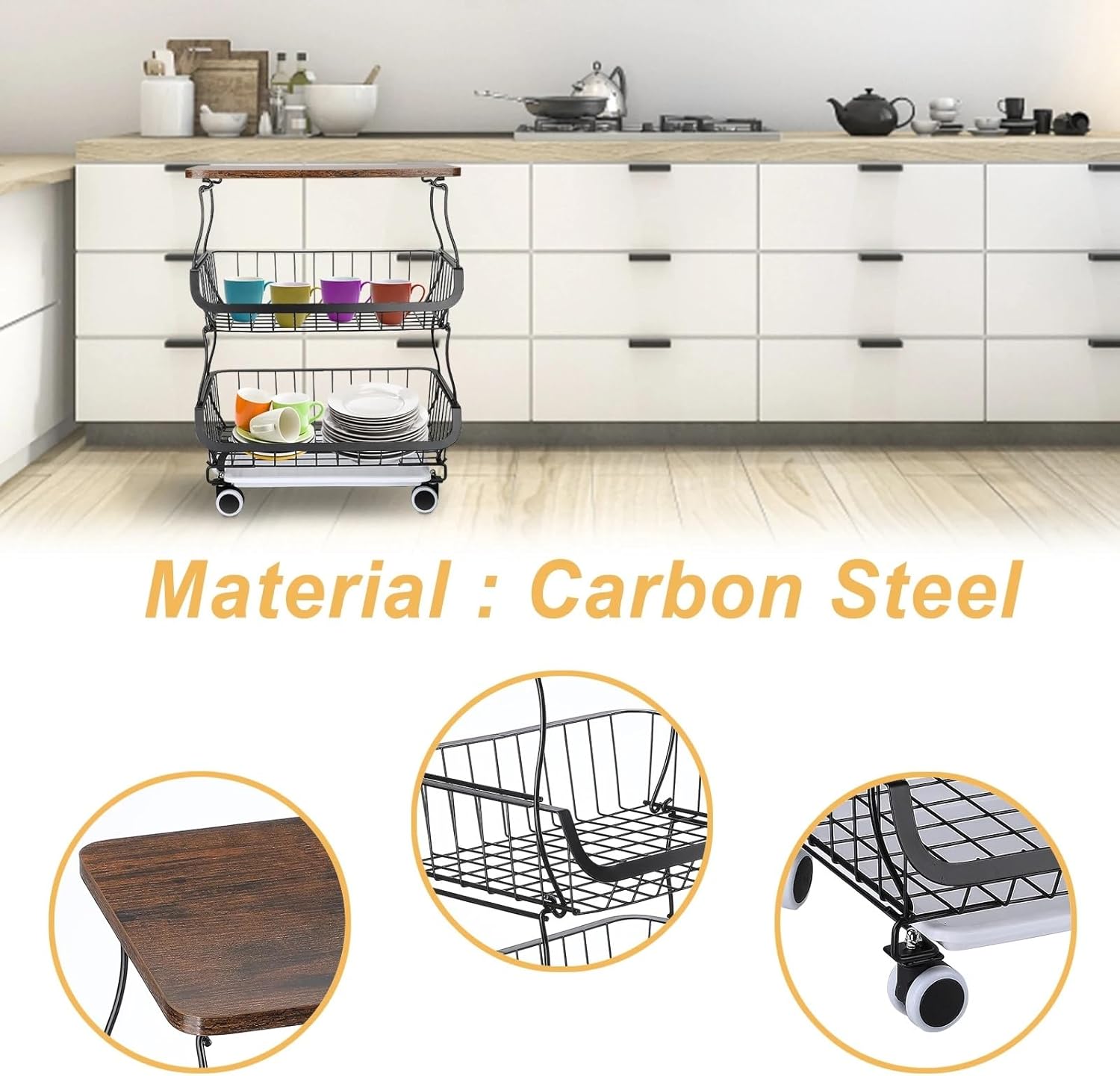 Kitchen Storage Rolling Cart 3 Layer Metal Removable Portable Sundries Rack with Wheel Bathroom Organizer