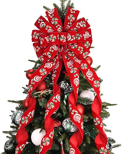 Decoración para árbol de Navidad, lazo de corona de Navidad de 45 x 12 pulgadas, lazo rojo grande con caramelo estampado para árbol de Navidad,