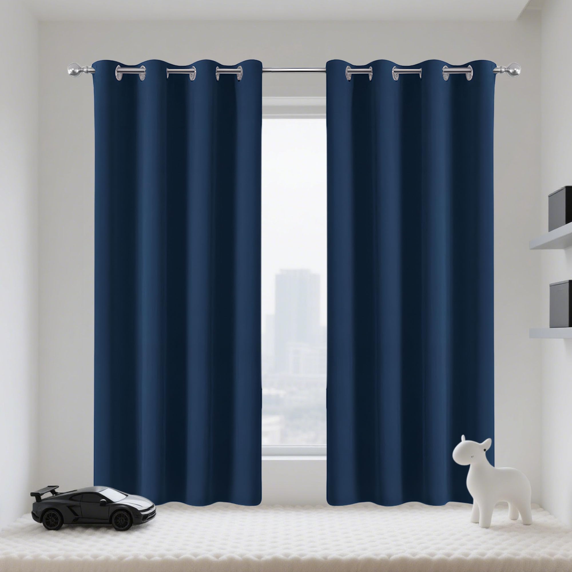 Rideau occultant bleu foncé 160x161 cm en polyester doux à œillets pour chambre
