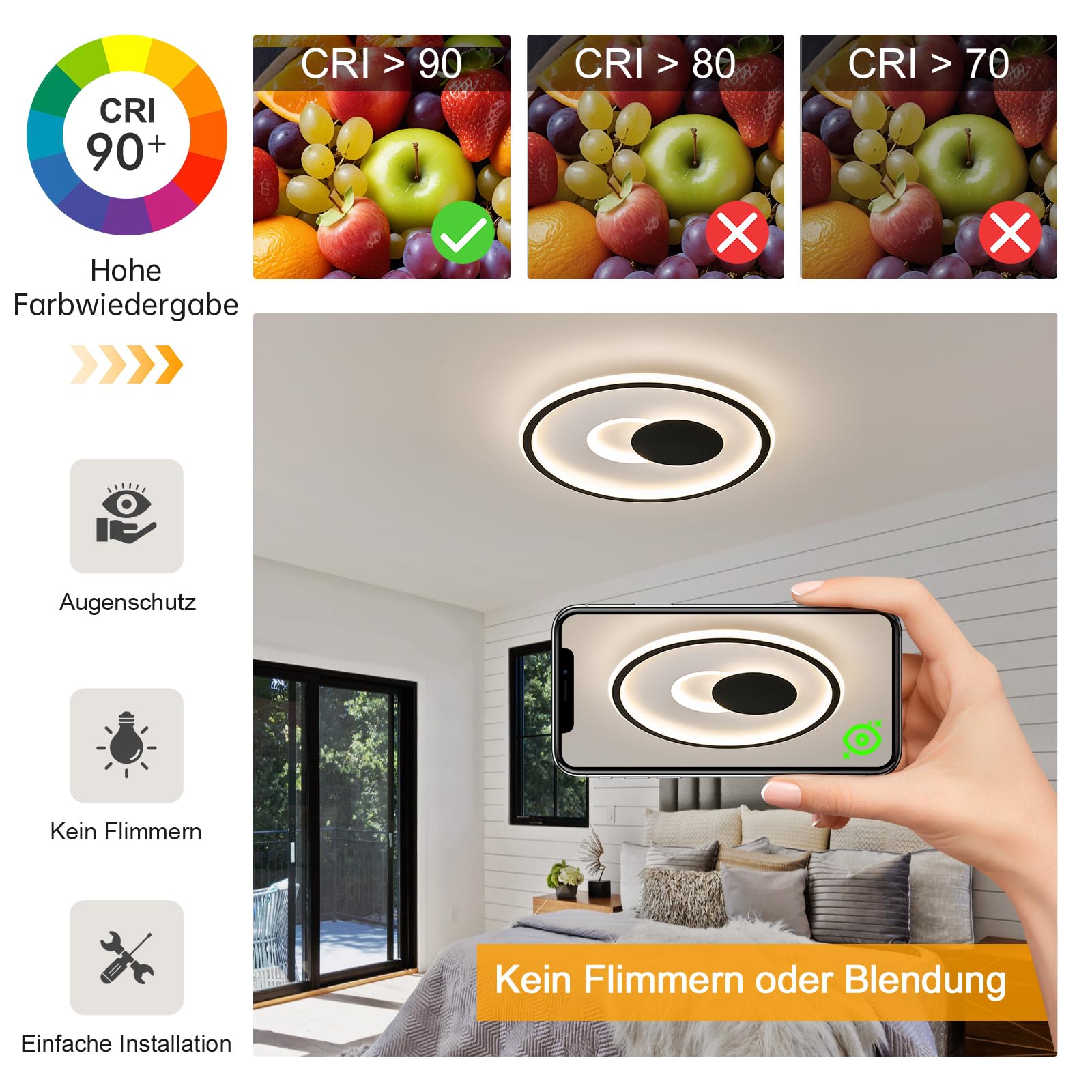 Qamra 41cm Moderne Schwarze Runde LED Deckenlampe