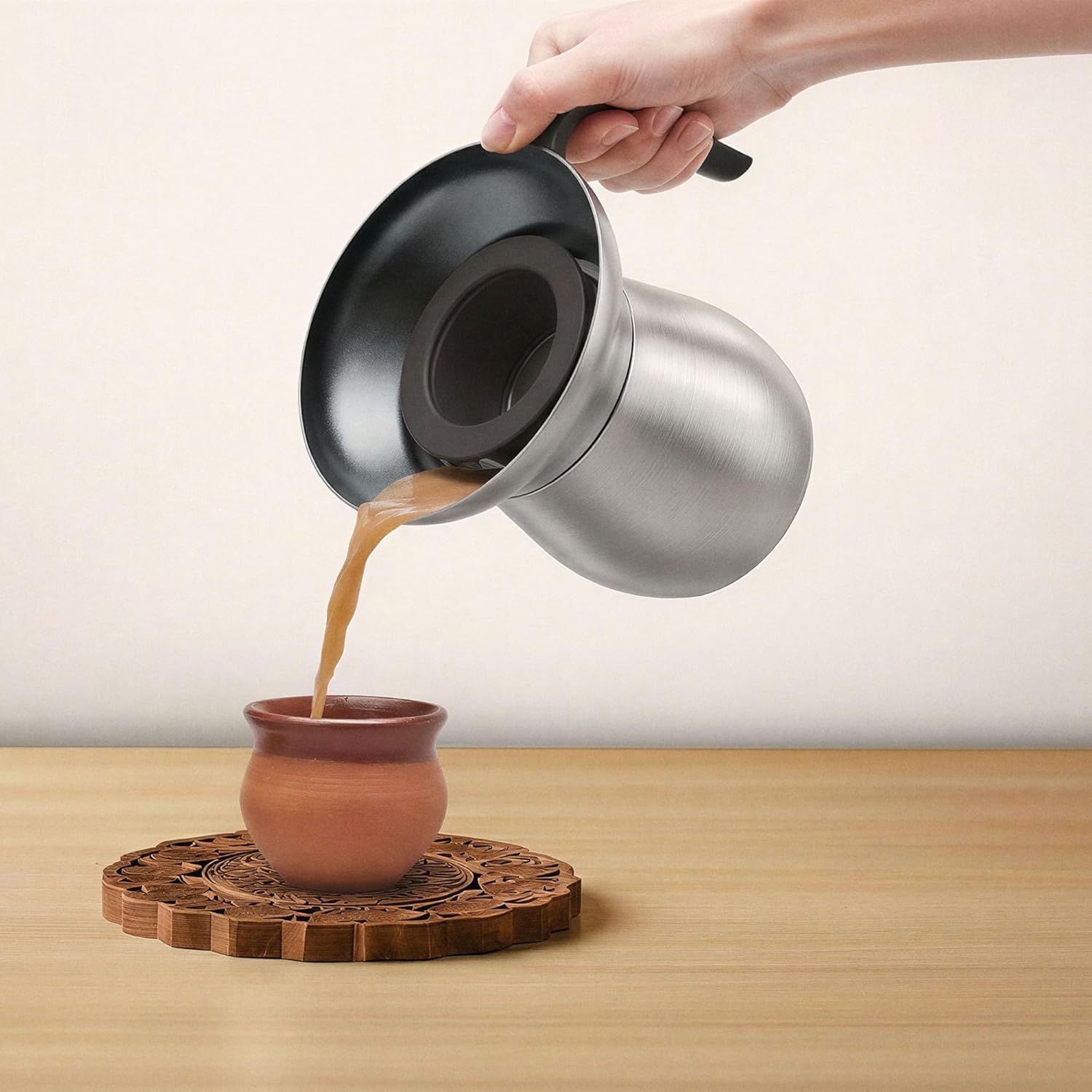 Loka Chai Maker for Authentic Masala Chai & Chai Latte | Easy Clean Stainless Steel Stovetop Tea Maker with Innovative Chai Fountain | Non-Stick Ceramic, 20oz (3 Cups) – (Silicone Strainer)