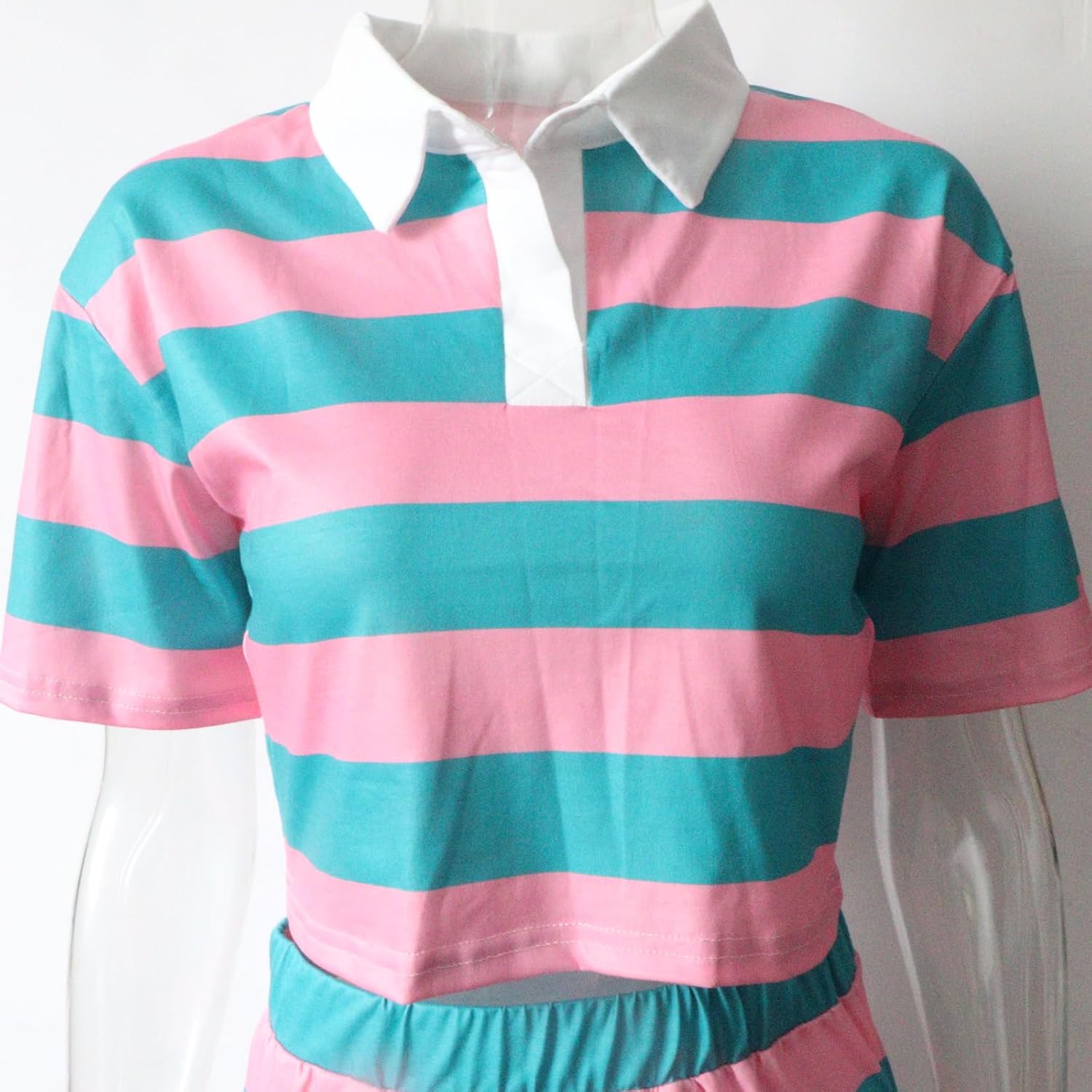 Casual Women Colorblock Striped Two Pieces Skirt Sets Short Sleeve Bare Waist Matching Set Sporty Wear Outfits - Image 6