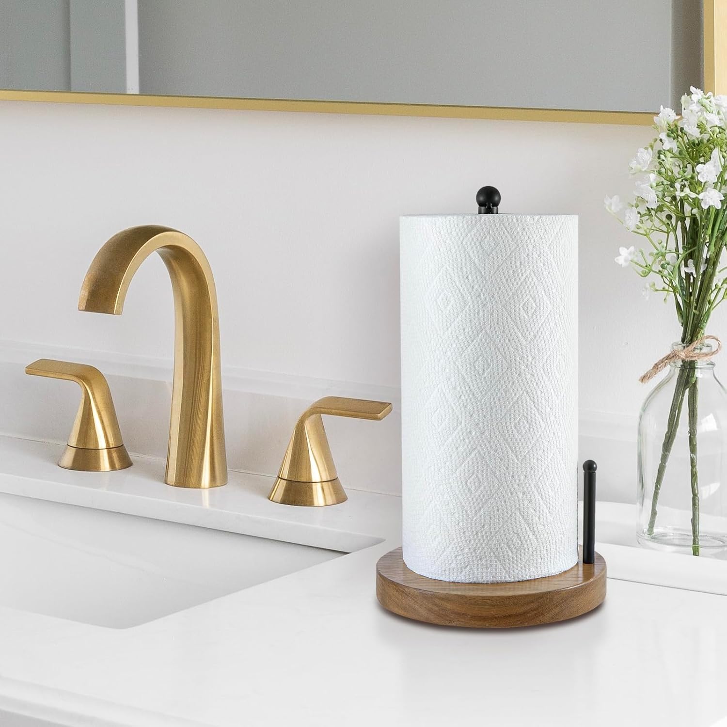 MyGift Acacia Wood & Matte Black Metal Paper Towel Holder - Stylish Kitchen Paper Roll Dispenser - Countertop Towel Rack for Home and Office