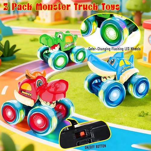 Miniatura 3 de BOLZRA Camión monstruo, autos de juguete para niños pequeños de 1 a 3 años con Bull Shark Crocodile Glow Rover Wheels Press and Go Cars Monster