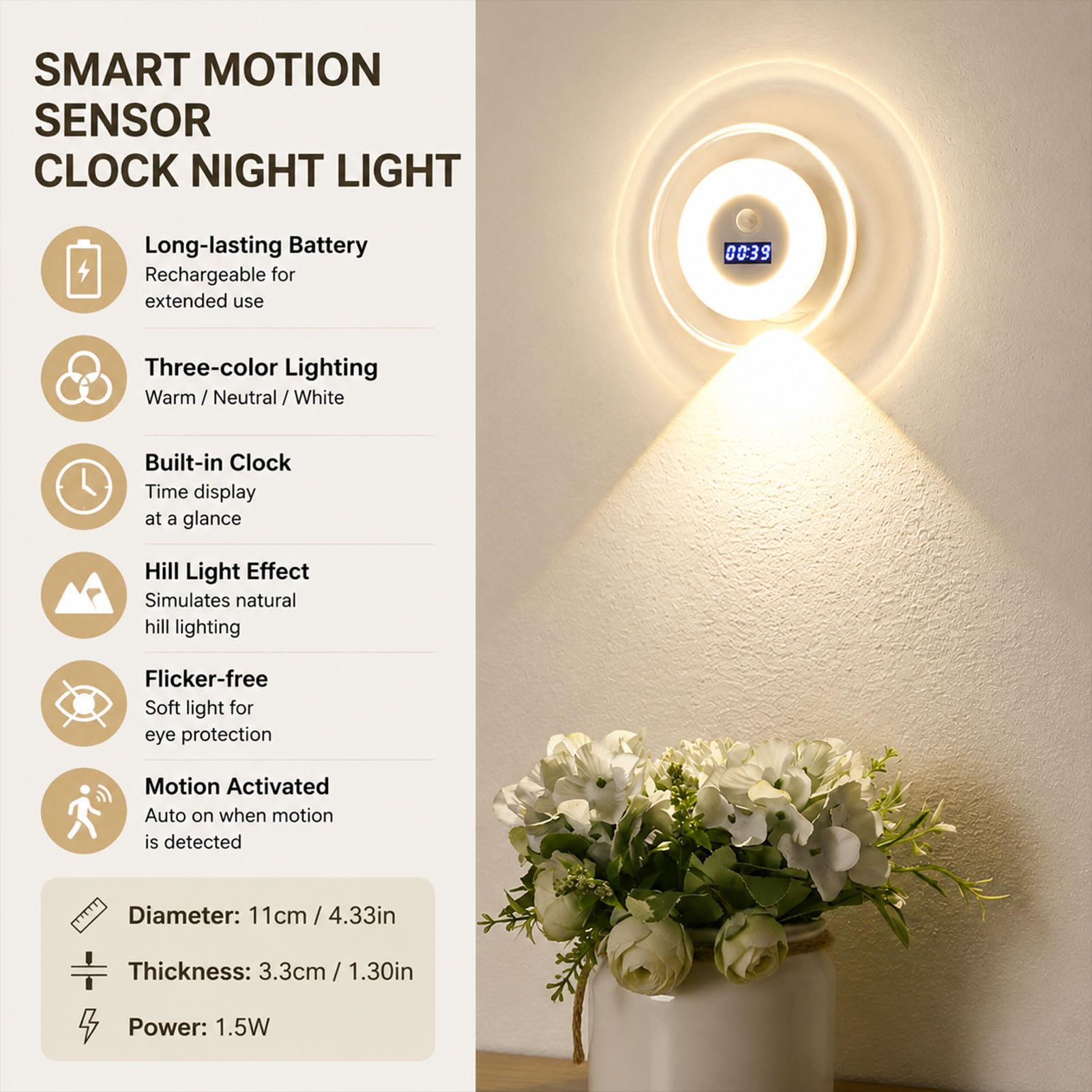 Smart LED Clock Night Light with Motion Sensor, Rechargeable Dimmable Wall Lamp with Remote, 3 Color Temperatures & 3 Lighting Modes, Digital Clock Nightlight for Bedroom Bathroom Hallway (3Set)