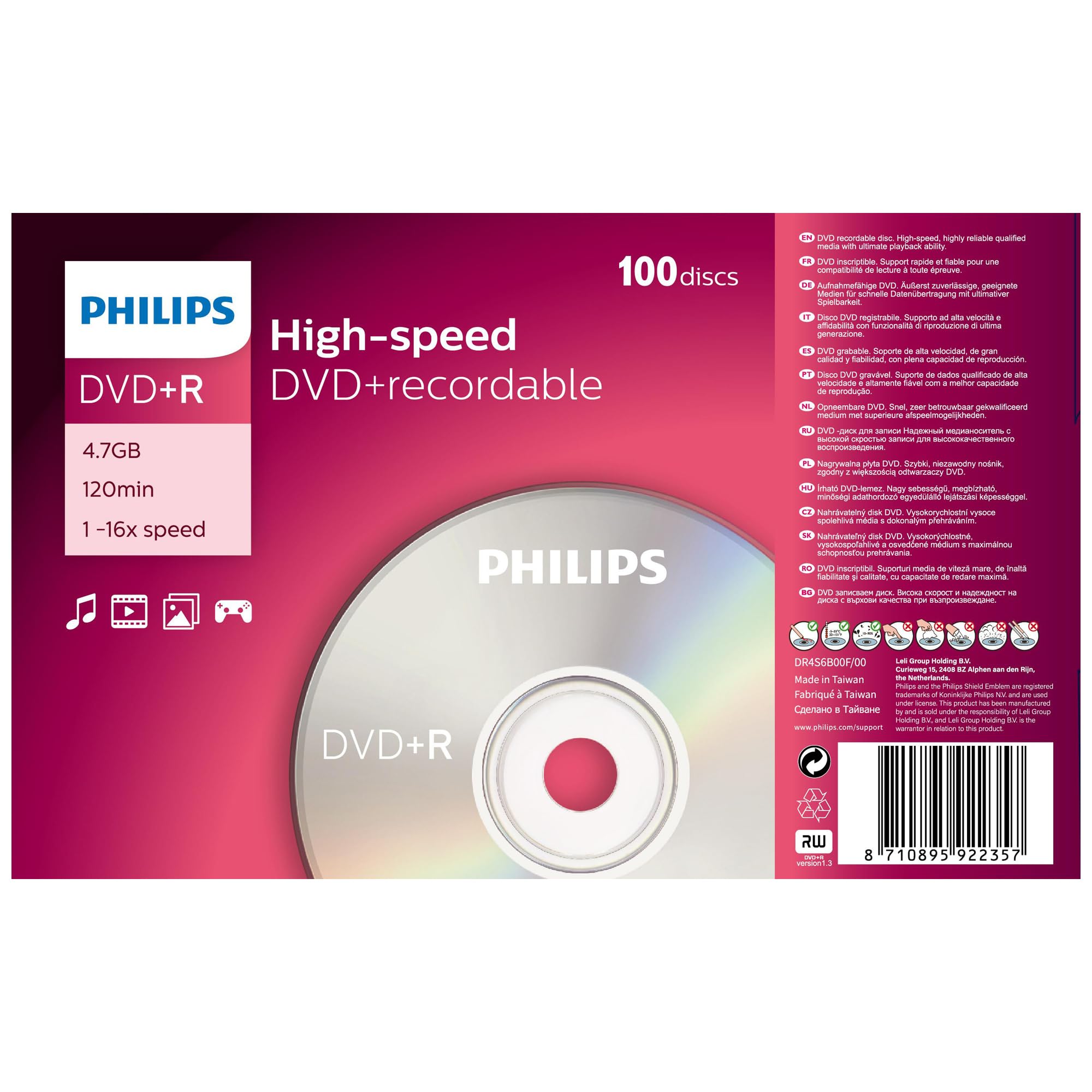 Philips Dvd + R De 4,7 Gb / 120 Min / 16X Tarrina (100 Disc)