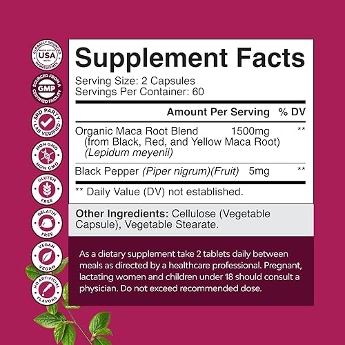 Miniatura 2 de Cápsulas de raíz de maca orgánica para mujeres, potente suplemento herbario con mezcla mejorada femenina de raíz de maca roja, amarilla y negra,
