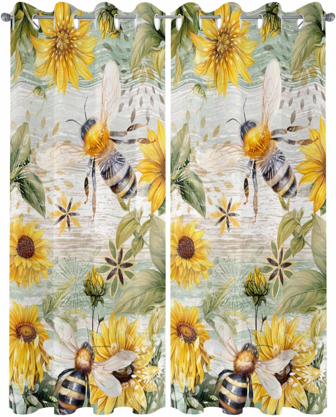 ALAGEO Outdoor Curtains Waterproof Sunflower Waterproof Curtain for Patio Wooden Plank Yellow Floral Bee Filtering Grommet Outside Curtains Panels for Patio Gazebo Balcony,Set of 2 54 x 108 Inch