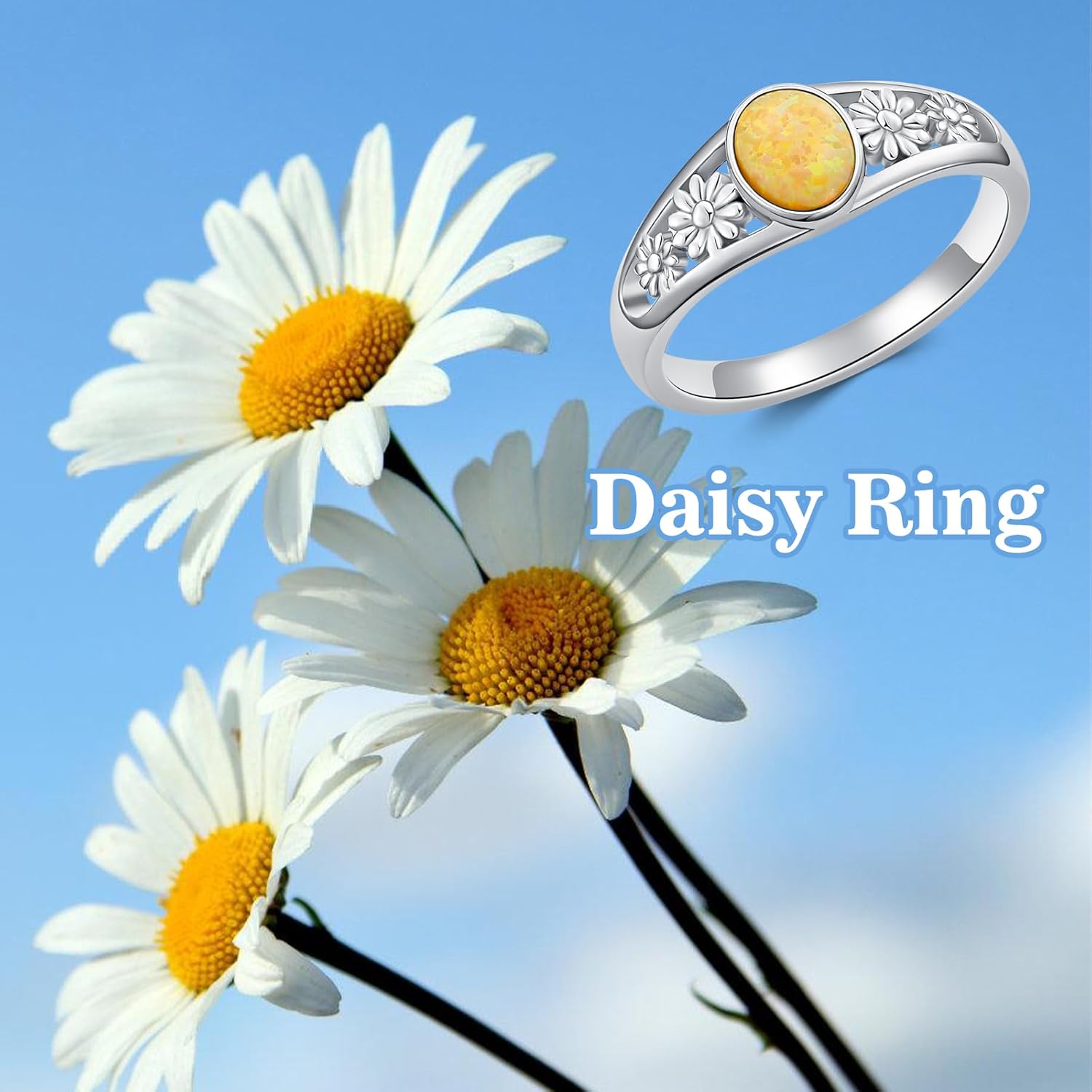 925 Silver Yellow Oval Opal Ring with Daisy-Hollow Design Statement-rings Opal Jewelry Gifts for Women Her(Size5-10) - Image 2