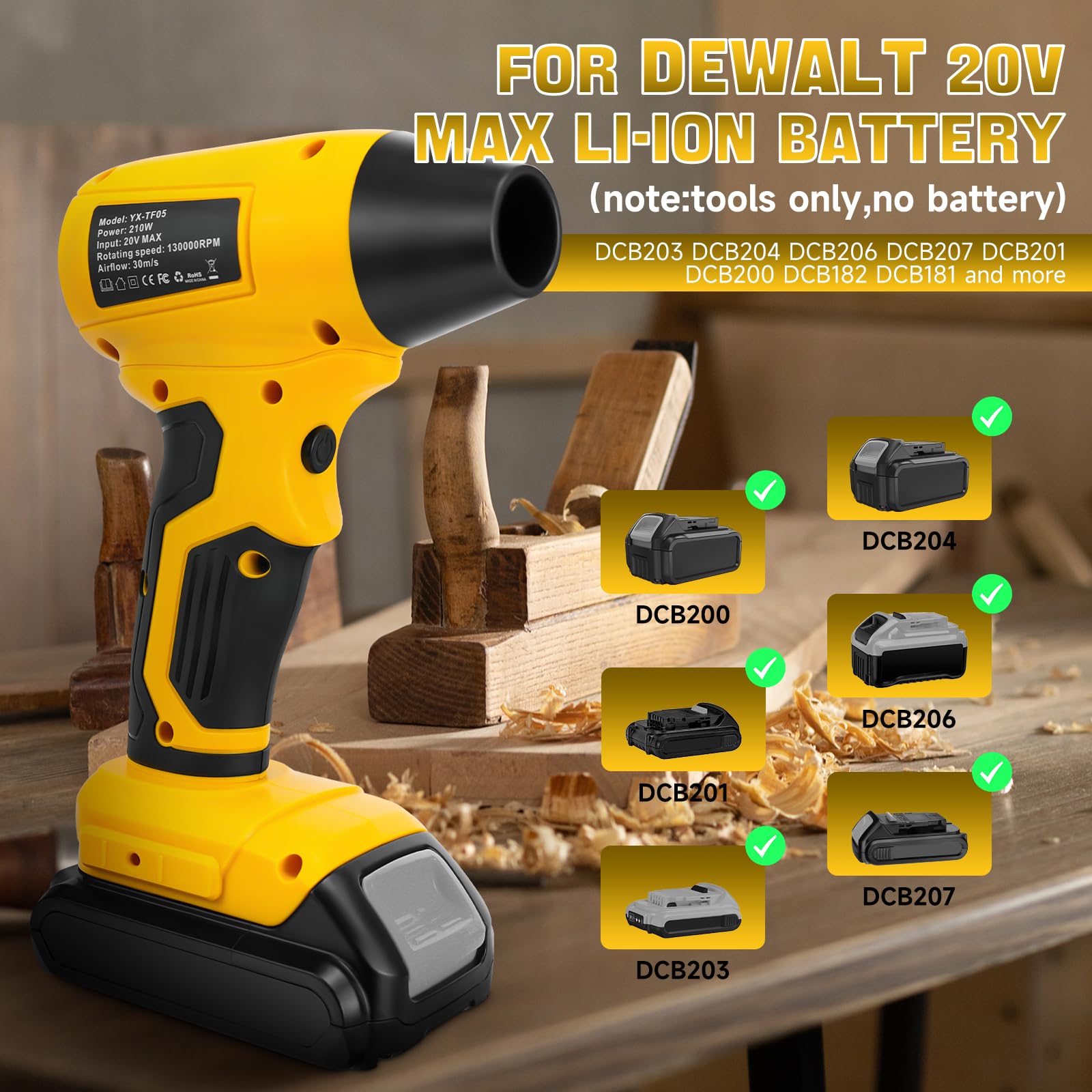 Mini soffiatore a foglia compatibile con batteria Dewalt 20 V, 130.000 giri/min, motore senza spazzole, velocità del vento 30 m/s, 5 ugelli per soffiatore a foglie, pulizia auto (senza batteria)
