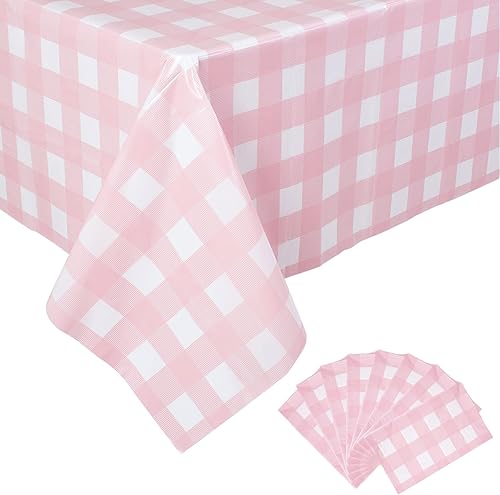 Kesfey Paquete de 8 manteles a cuadros rosas y blancos, 54x108 pulgadas, desechables, para mesa de fiesta de pícnic, de plástico, antiderrames, para