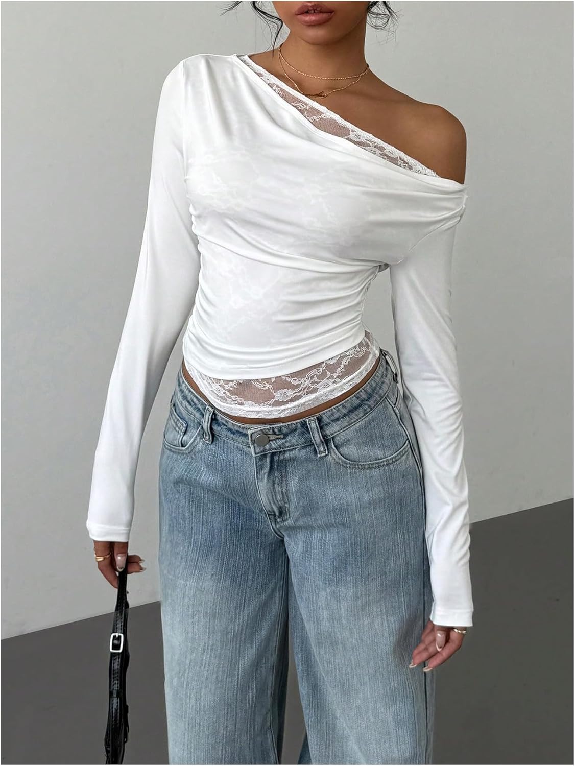 Milumia Women's Y2k Lace Off The Shoulder Long Sleeve Top Ruched Slim Fit Going Out Crop Tops - Image 4