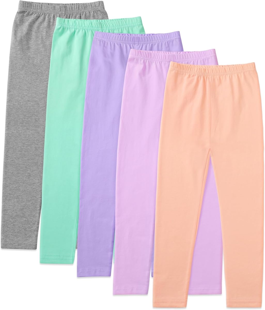 Paquete de 5 leggings de algodón para niñas, pantalones elásticos de largo completo de algodón suave, 4-14 años | Medias suaves sin pies, 93% algodón y 7% elastano, con cintura elástica, colores sólidos para niños pequeños, niñas, ropa de día, Yoga, baile