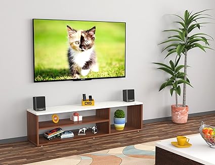 DAS Bastian Engineered Wood Free Standing TV Unit Stand Classic Walnut & Frosty White Finish- Ideal for Up to 55