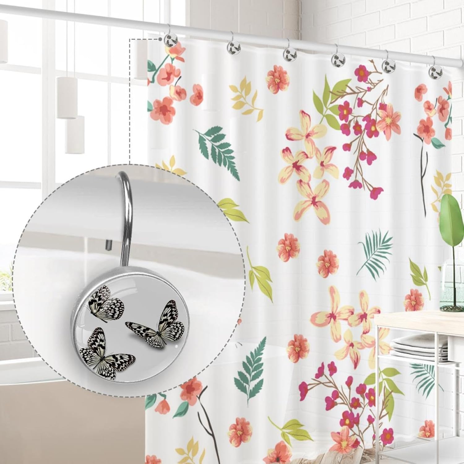 Black Butterfly Shower Curtain Hooks - 12 Pack Decorative Rustproof Rings - Insect Design Bathroom Hardware