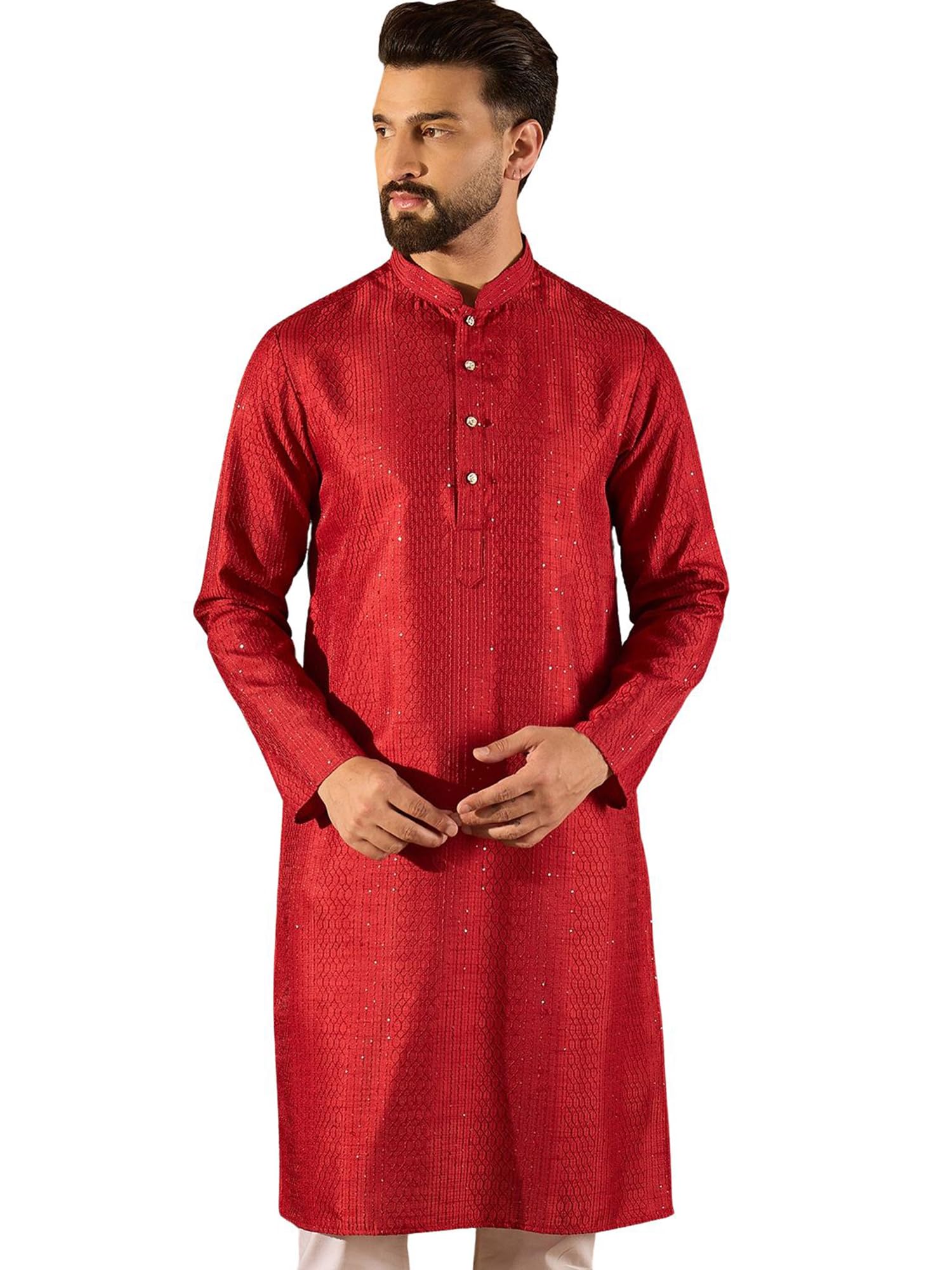 ethnic bay Men Red Silk Blend Embroidered Solid Calf Length Kurtas | Mens | Solid Kurta's for Mens | Straight Fit Kurta for Men's-picture-28