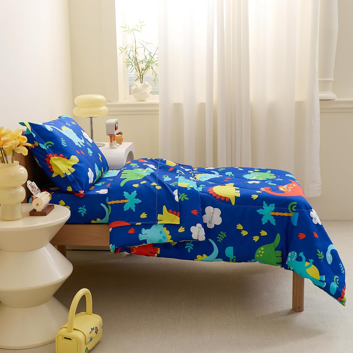 Caressma Navy Toddler Bedding Set, Bed in A Bag Toddler Comforter Set - Cute Dinosaurs Print 4 Pieces Bed Set for Boys, Includes Comforter, Fitted Sheet, Flat Sheet & Pillow Case