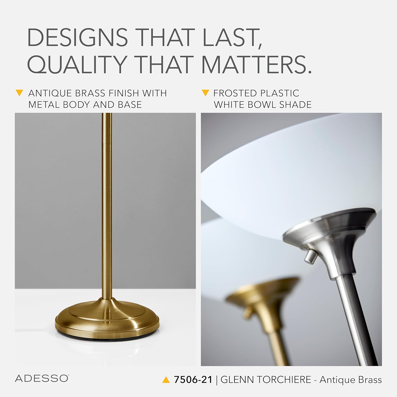 Adesso Antique Brass Torchiere Floor Lamp with Frosted White Shade – 300W Double Socket Construction, Modern Accent Lighting for Bedroom, Living Room, or Home Office, 71” Tall