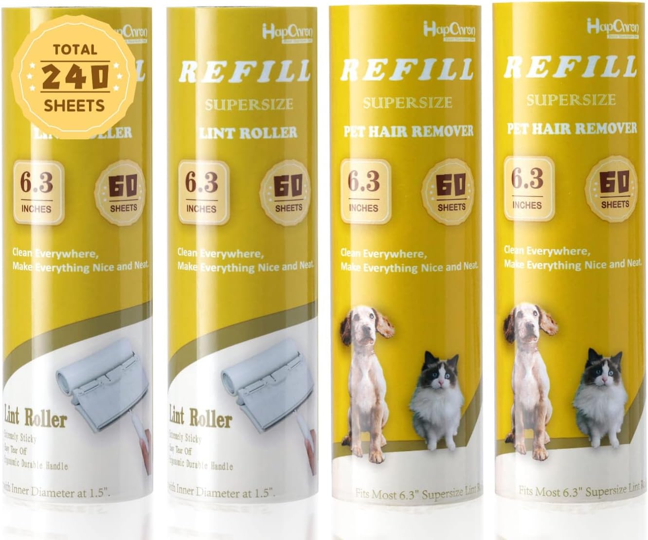 Large Surface Lint Roller Extra Sticky Refills, Total 240 Easy Tear Sheets, Insert Tube Measures 1.5″ and Fits Most Supersize 6.3” Wider Lint Roller, Works Great On Pet Hair(Pack of 4)