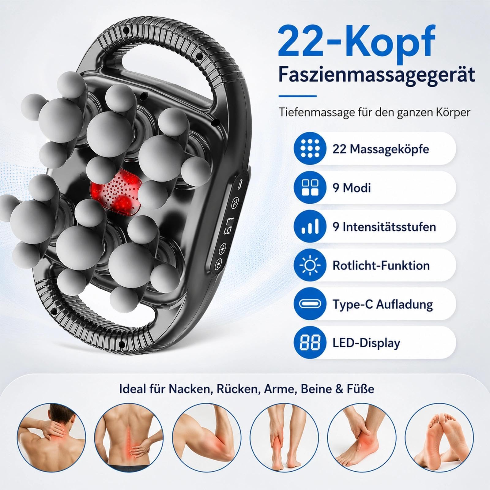 Massagepistole Tiefenwirksames Massagegerät für Rücken, Schultern, Beine, Kopf, Füße, Nacken uvm. Unterstützt Triggerpunkt-Massage, Muskelentspannung,Stosswellentherapie.