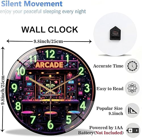 Miniatura 3 de 12-Inch Silent Glass Wall Clock, Retro Mini Arcade Clock Neon Art(1)  Silent Non-Ticking Clock, Battery Operated (AA Batteries Not Included),