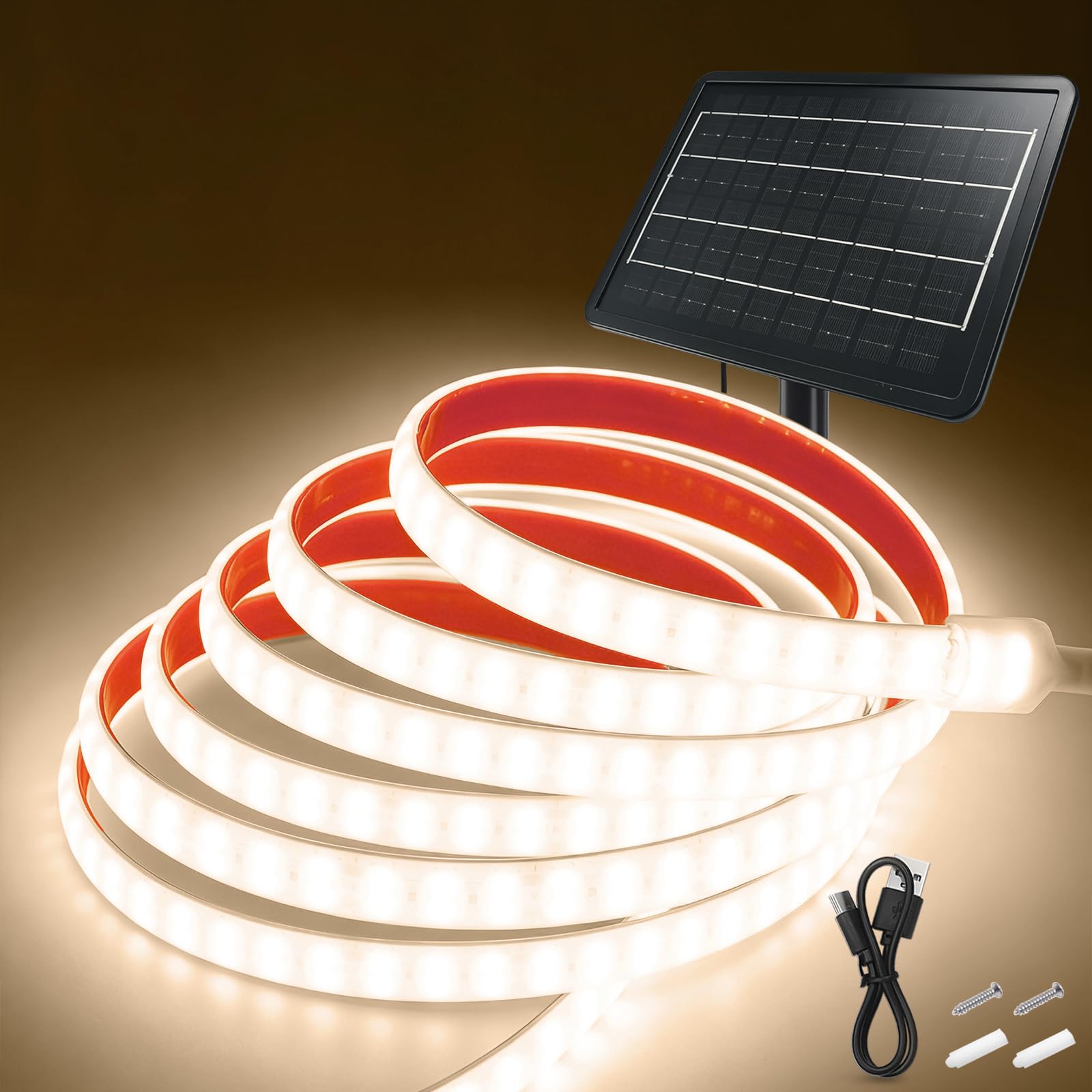 24V 7200mAH Tira LED Solar [10M, Blanco natural 4000-4500K], 240 LEDs/m Tira LED de jardín de silicona solar, flexible e impermeable IP68, 8 modos, iluminación decorativa para el hogar