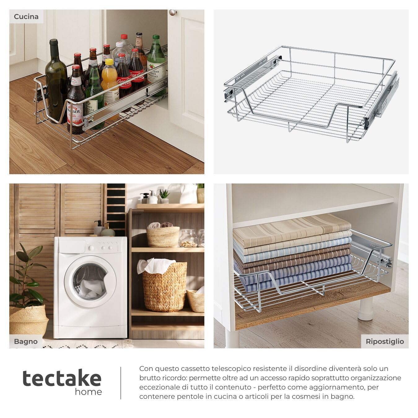 tectake® Cassetto Telescopico - 1 x 60 cm - Cassetto Estraibile per Cucina, Ripiano Scorrevole, Binario Telescopico, Organizer Cromato per Mobile da Cucina, Cassettiera Salvaspazio