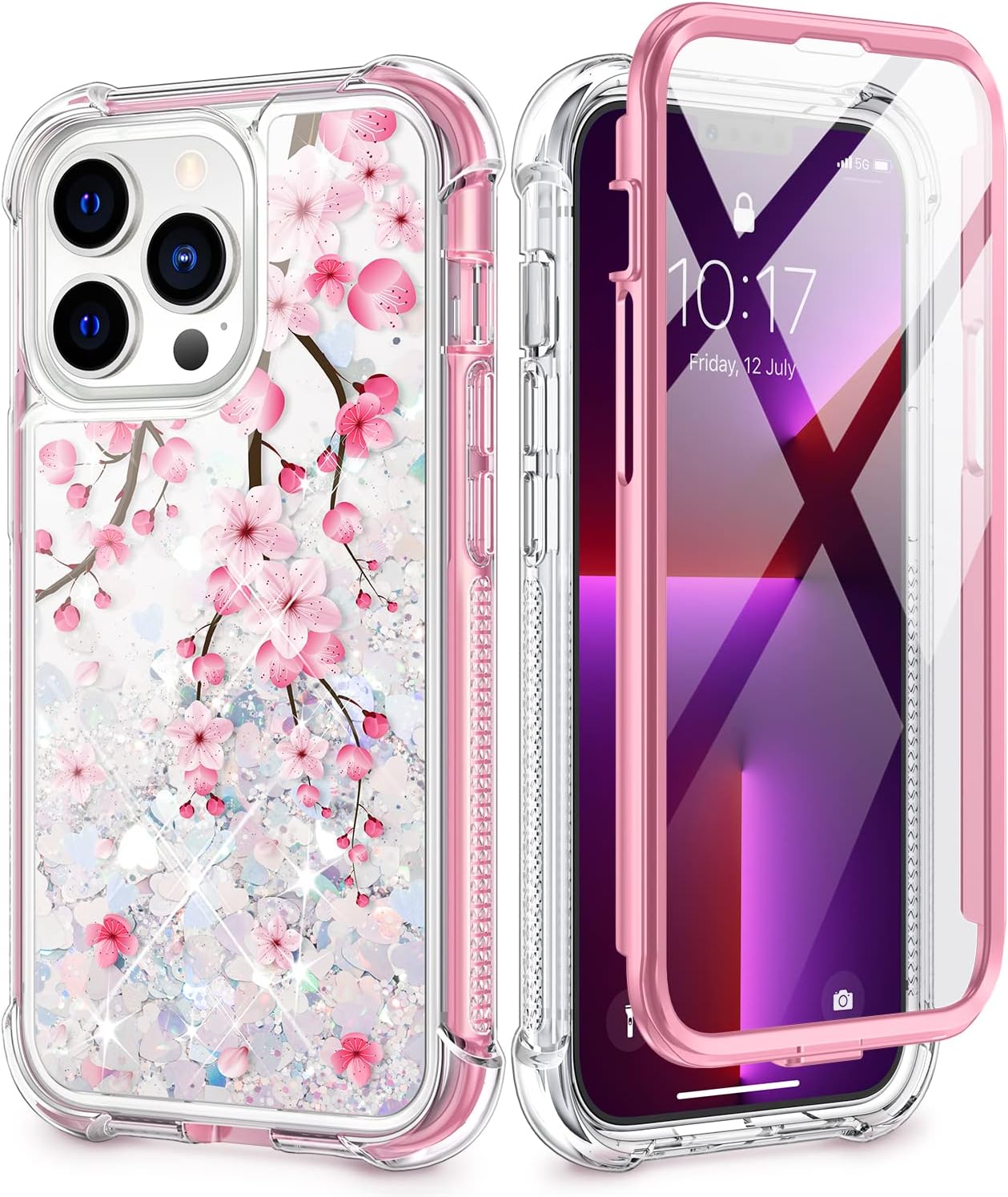 Caka Glitter Case Compatible for iPhone 13 Pro 6.1 Phone Case for Girls Women Flower Bling Liquid Sparkle Girly with Screen Protector Flowing Quicksand Floral Case for iPhone 13 Pro (Cherry Blossom)