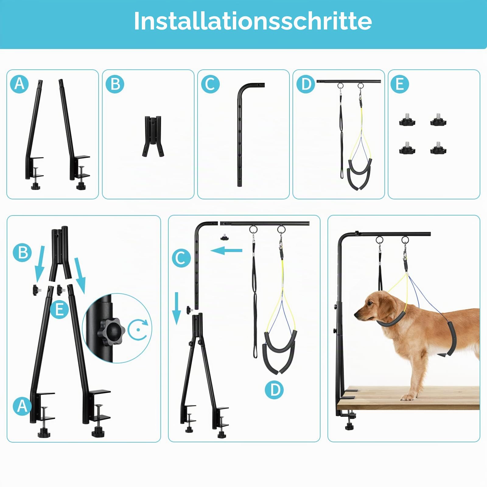 Hundepflegearm mit Doppelklemme - Höhenverstellbar (49-74 cm) Hundezubehör für Hunde - inkl. Schlaufe & Nicht Sitzenden Haunch-Halter - für Baden, Föhnen, Fellpflege & Krallenpflege bei Hunden | Hundepflege-Arm, Fellpflegeschlaufe und kein Sitz-Halter