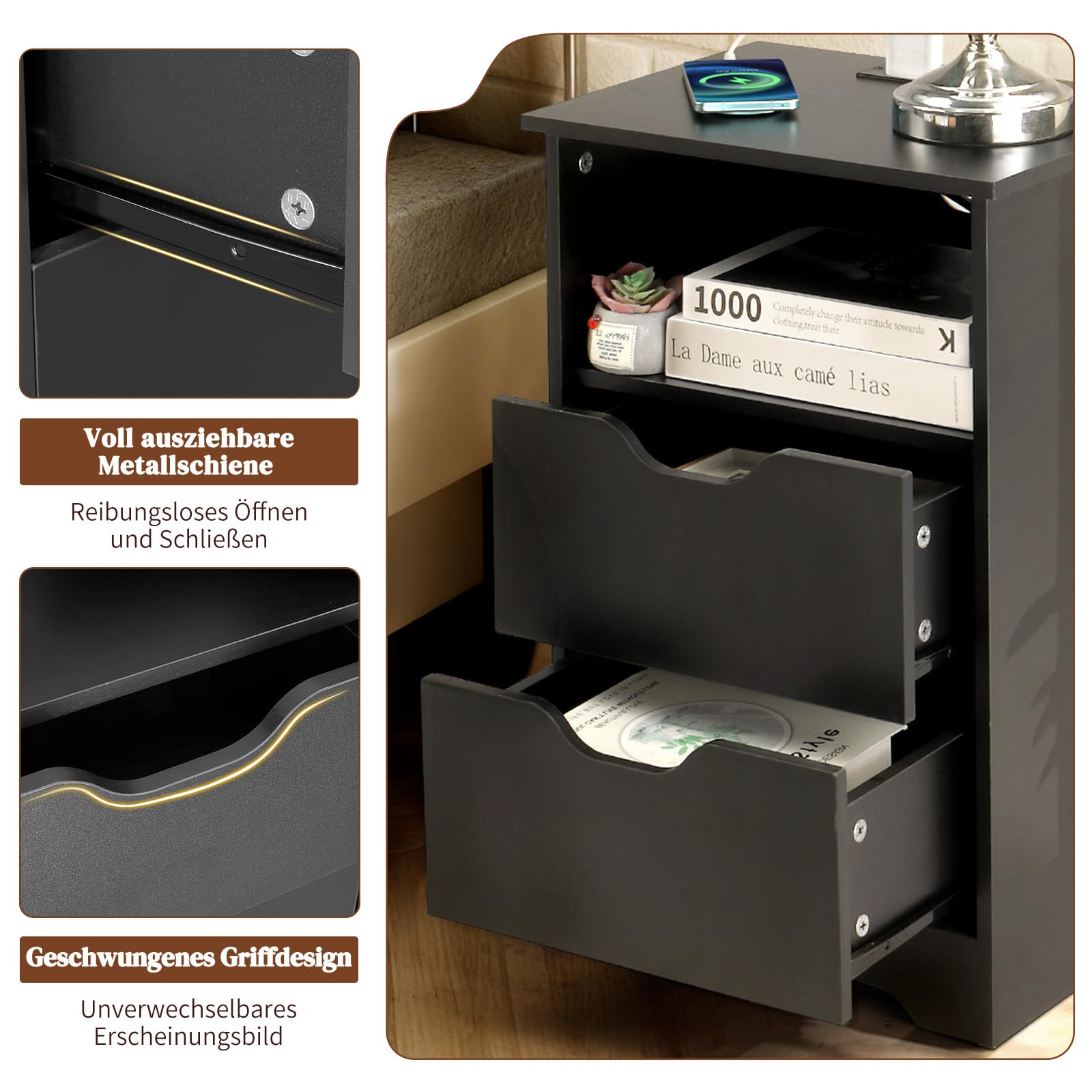 LEADZM Nachttisch 2er Set Nachttische mit Ladestation, 40x30x60cm Schwarz