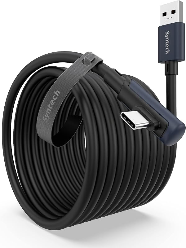 Cable Syntech Link de 20 pies, cable USB 3.0 a USB para Meta Quest 3/3S/2, negro | USB 3.0 de alta velocidad con transferencia de datos de hasta 5 Gbps para juegos PCVR y SteamVR, conector USB-C reforzado en forma de L