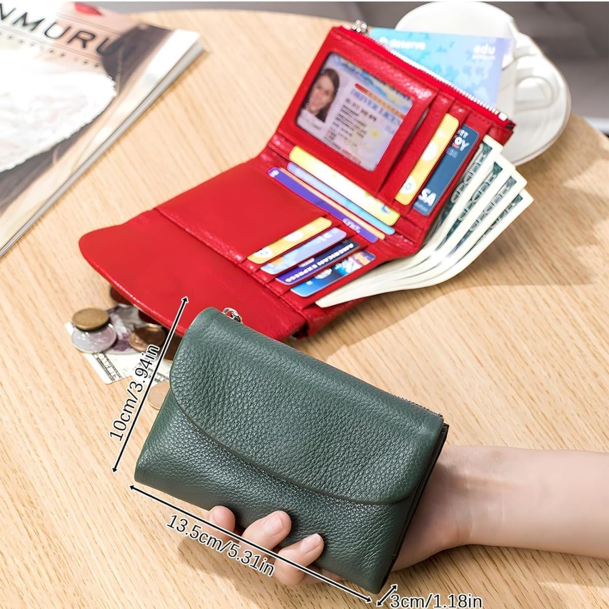 Unisex Leather Wallet, Full Grain Leather Coin Purse with Credit Card Holder, Coin Holder & Cash Slots, Short Genuine Leather Purse (Green) - Image 5