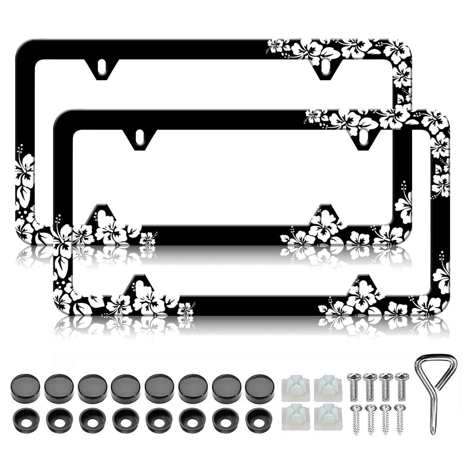 Hibiscus Flower License Plate Frames - 2 Pack Tropical Hawiian Floral License Plate Holder, Stainless Steel Rust-Proof Waterproof Car Decorative Tag Frame for Standard US 12x6 Inch