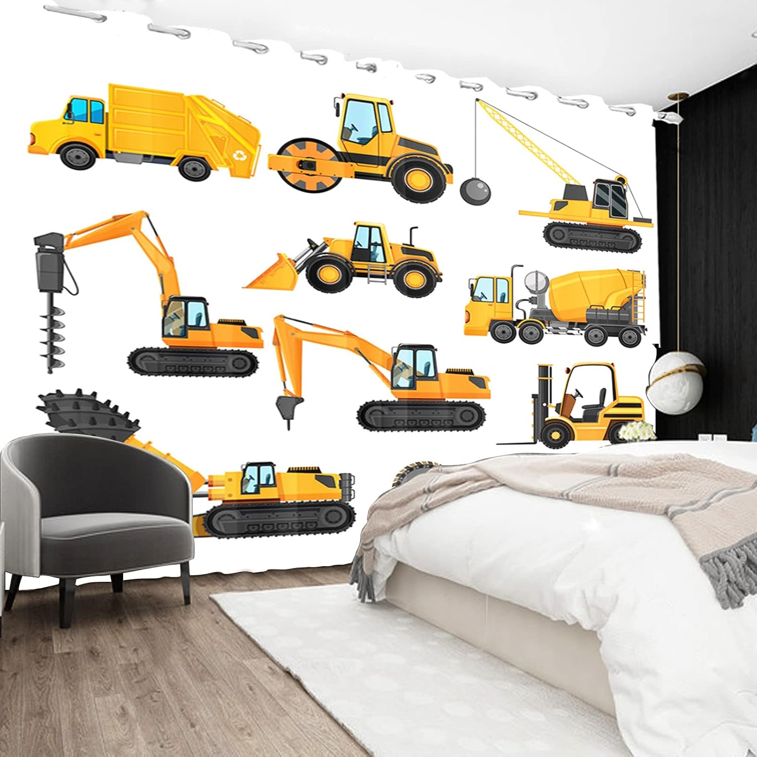 YONGFOTO 117x138cm Construction Truck Blackout Curtains Cartoon Excavator Crane Digger Yellow Heavy Machinery Car for Living Room Children's Bedroom Window Drapes - Image 5